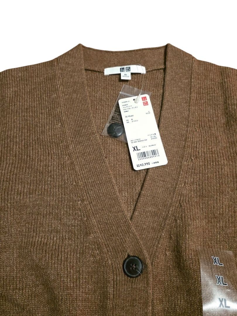 UNIQLO 新品タグ付き ラムブレンドVネックカーディガン長袖 カーキ XL 画像3