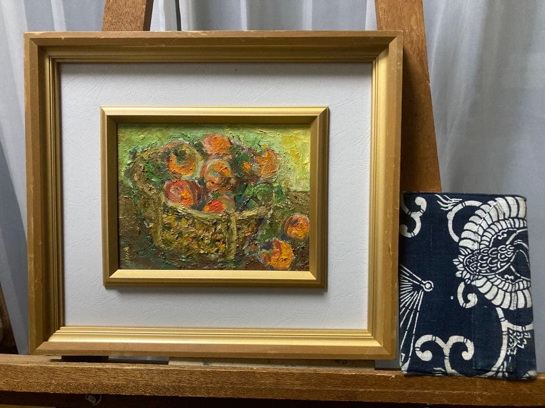作者不詳「カゴの果実」油彩 静物画 F0号 肉筆 サイン有 額装 味わい深い絵