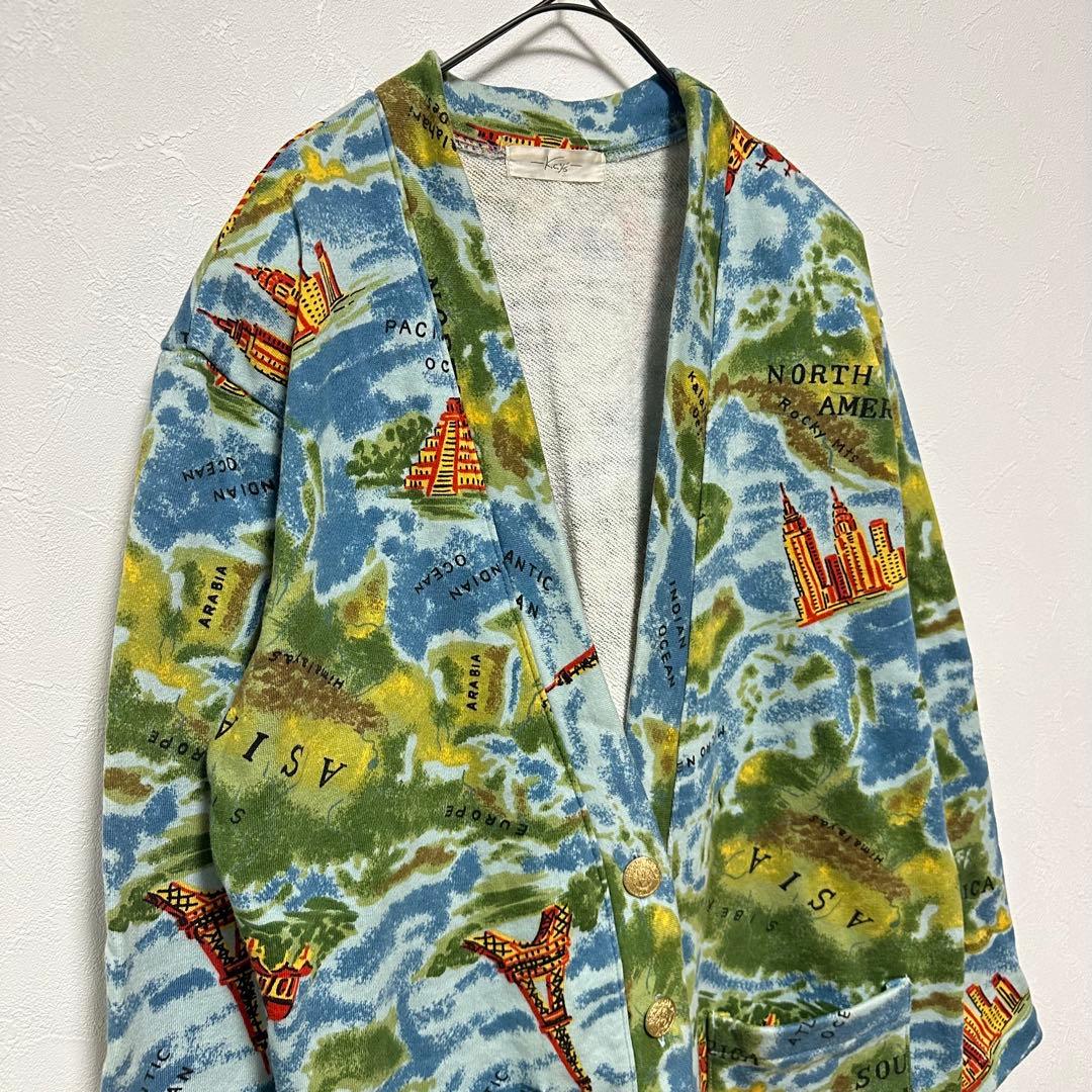 希少 【Kcy’s】ヴィンテージ 地図柄 カーディガン 金ボタン 日本製 レトロ 画像4