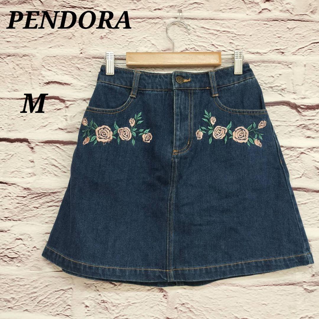 PENDORA 【M】 デニムミニフレアスカート 花刺繍 ウエストゴム ブルー