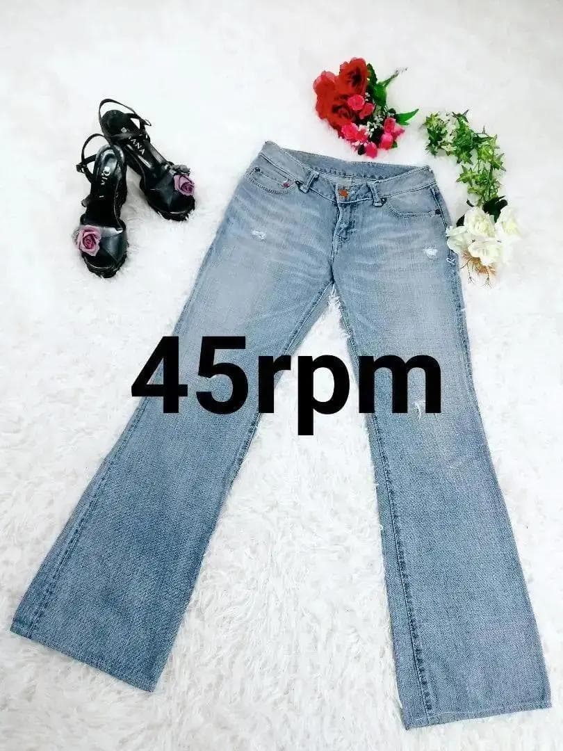 【45R】ダメージ加工 セミフレア デニムパンツ 日本製 革パッチ