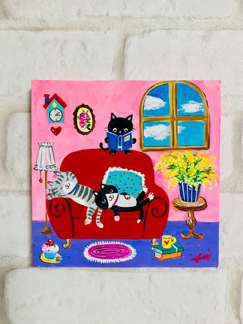 こまち様専用 赤いソファーでお昼寝ネコ/アクリル画、原画 画像2
