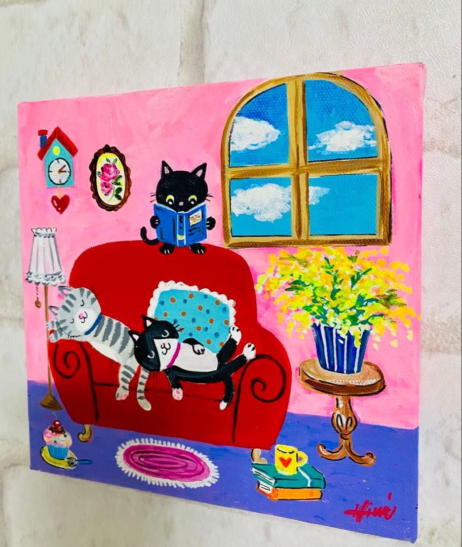 こまち様専用 赤いソファーでお昼寝ネコ/アクリル画、原画 画像3