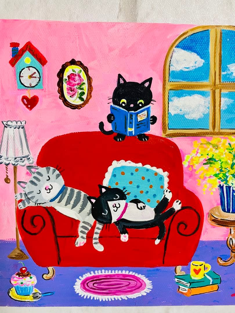 こまち様専用 赤いソファーでお昼寝ネコ/アクリル画、原画 画像4