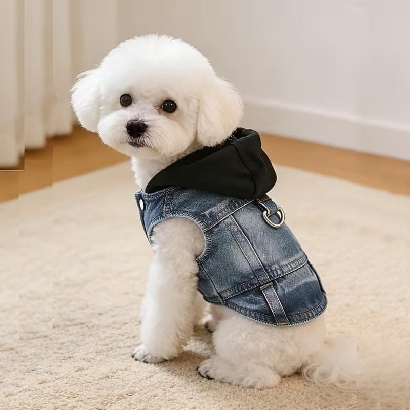 犬服 ペット服 ハーネス ベスト デニムベスト フード付き Dカン付き 黒 08 画像2