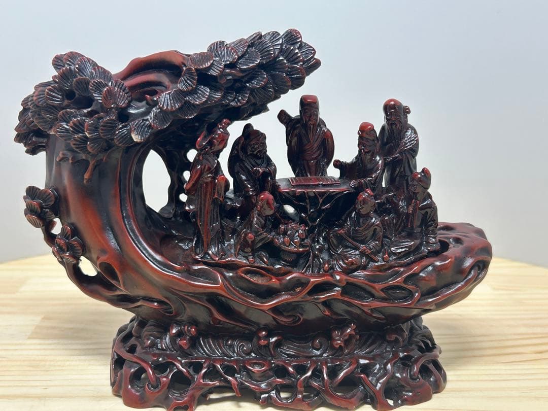 【中国美術】御祥 彫漆調 樹脂製 置物 宝船 仙人 堆朱風 朱漆 彫刻 縁起物