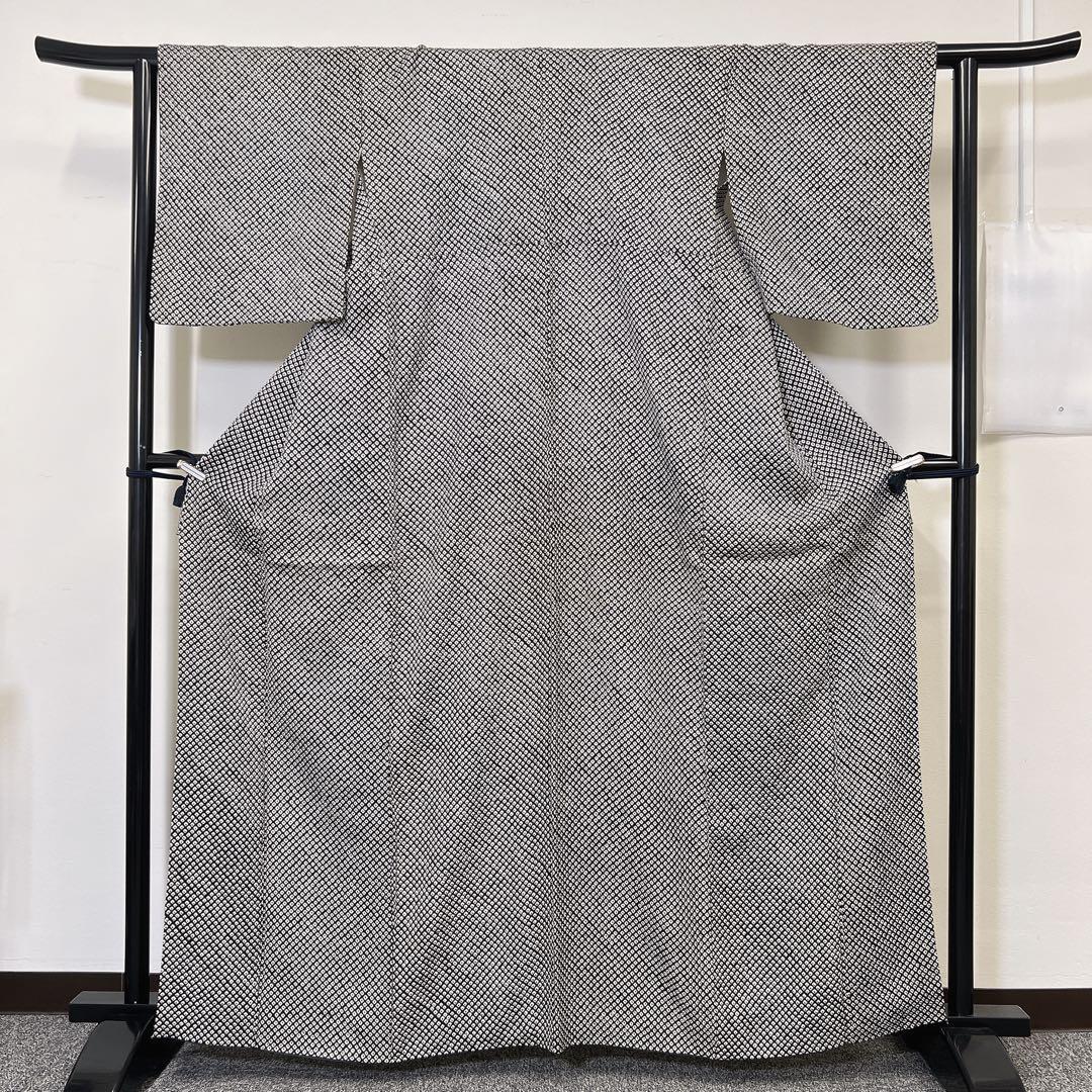 小紋 総絞り 身丈164 裄61.5 モノトーン 白黒 正絹 着物 086ty 画像4