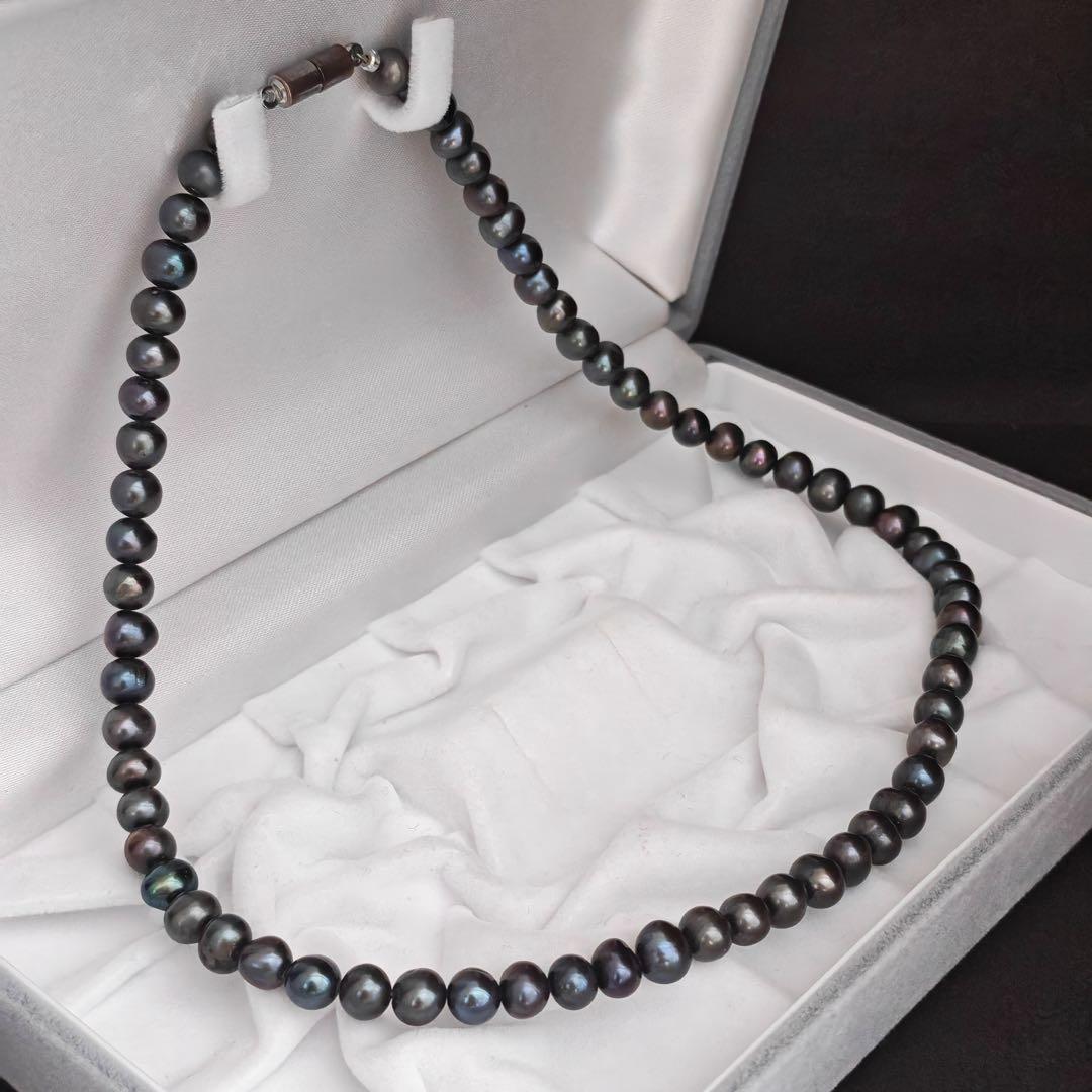 本真珠 ブラック系 パールネックレス 約43cm 5.9-7.6mm 磁石留め 画像3