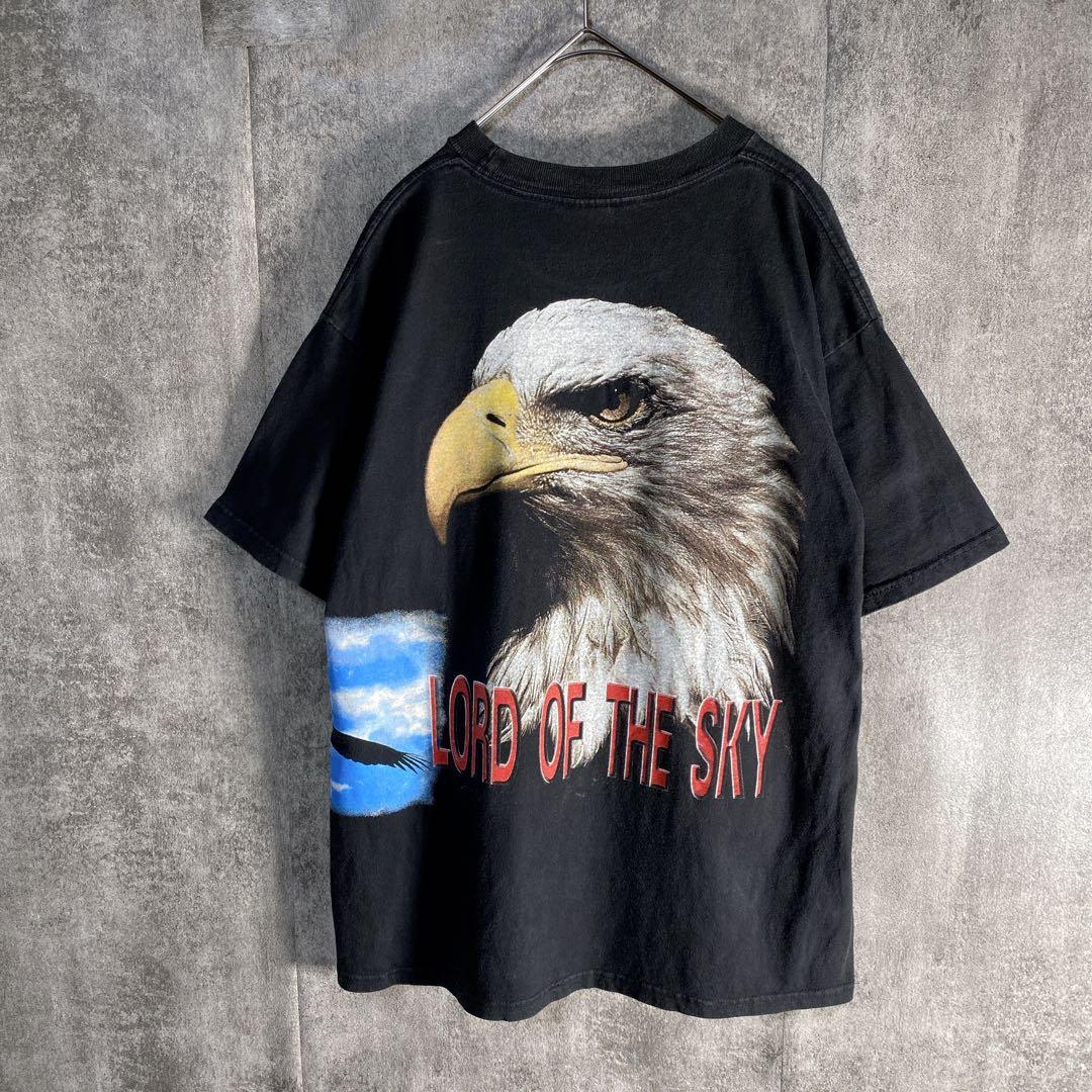 90s イーグル アニマルTシャツ フェード 黒 USA古着 両面プリント M