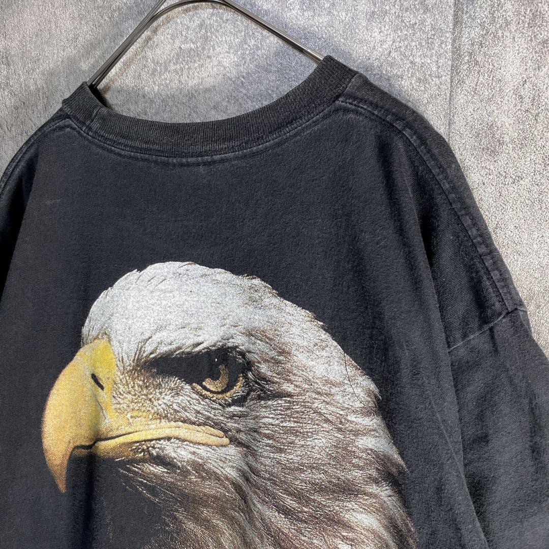90s イーグル アニマルTシャツ フェード 黒 USA古着 両面プリント M 画像3