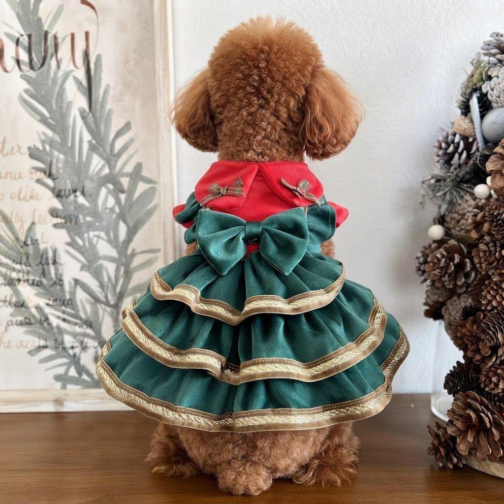 犬 服 犬服 猫 クリスマス ドレス ワンピース ツリー風 ベロア 3段フリル 画像2