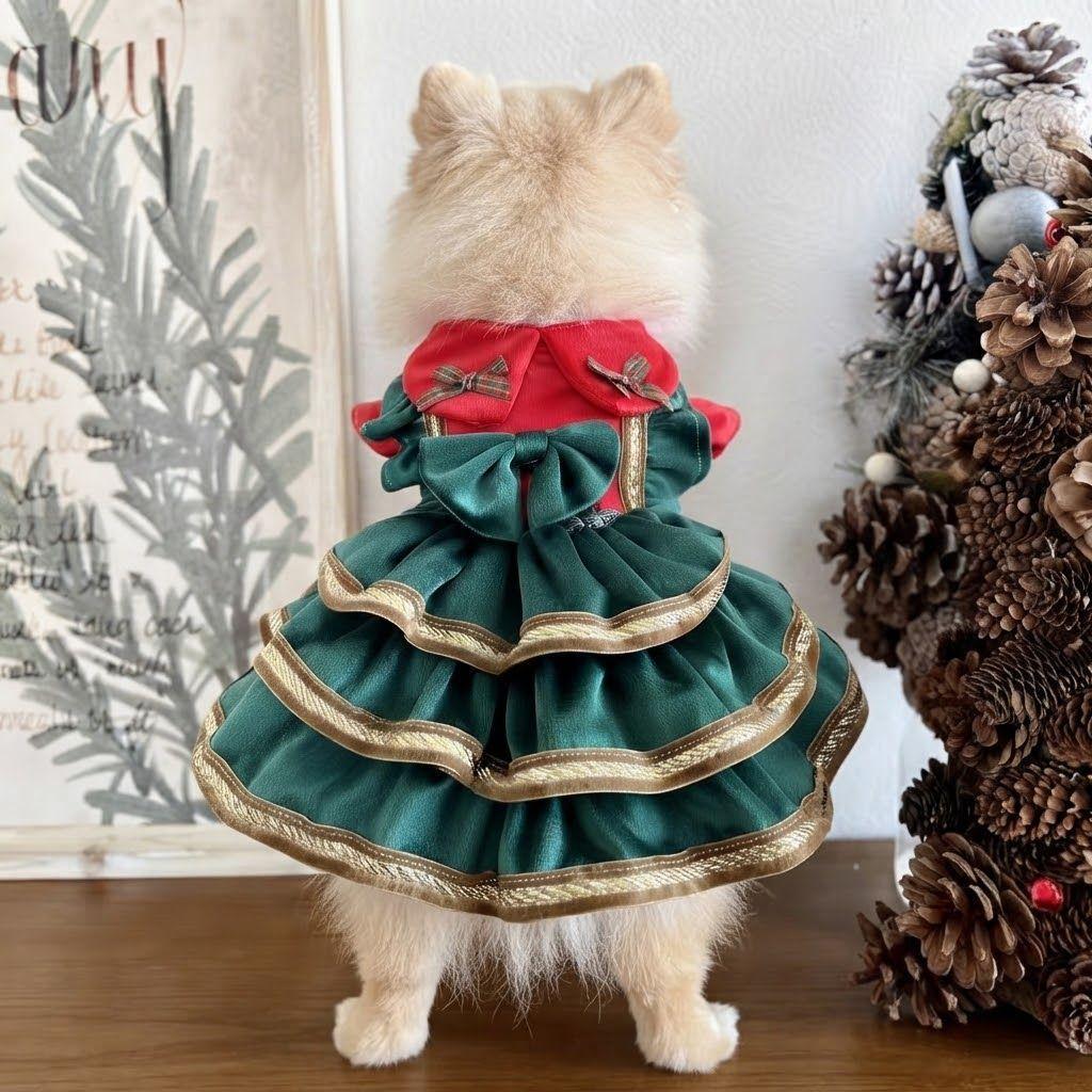 犬 服 犬服 猫 クリスマス ドレス ワンピース ツリー風 ベロア 3段フリル 画像3