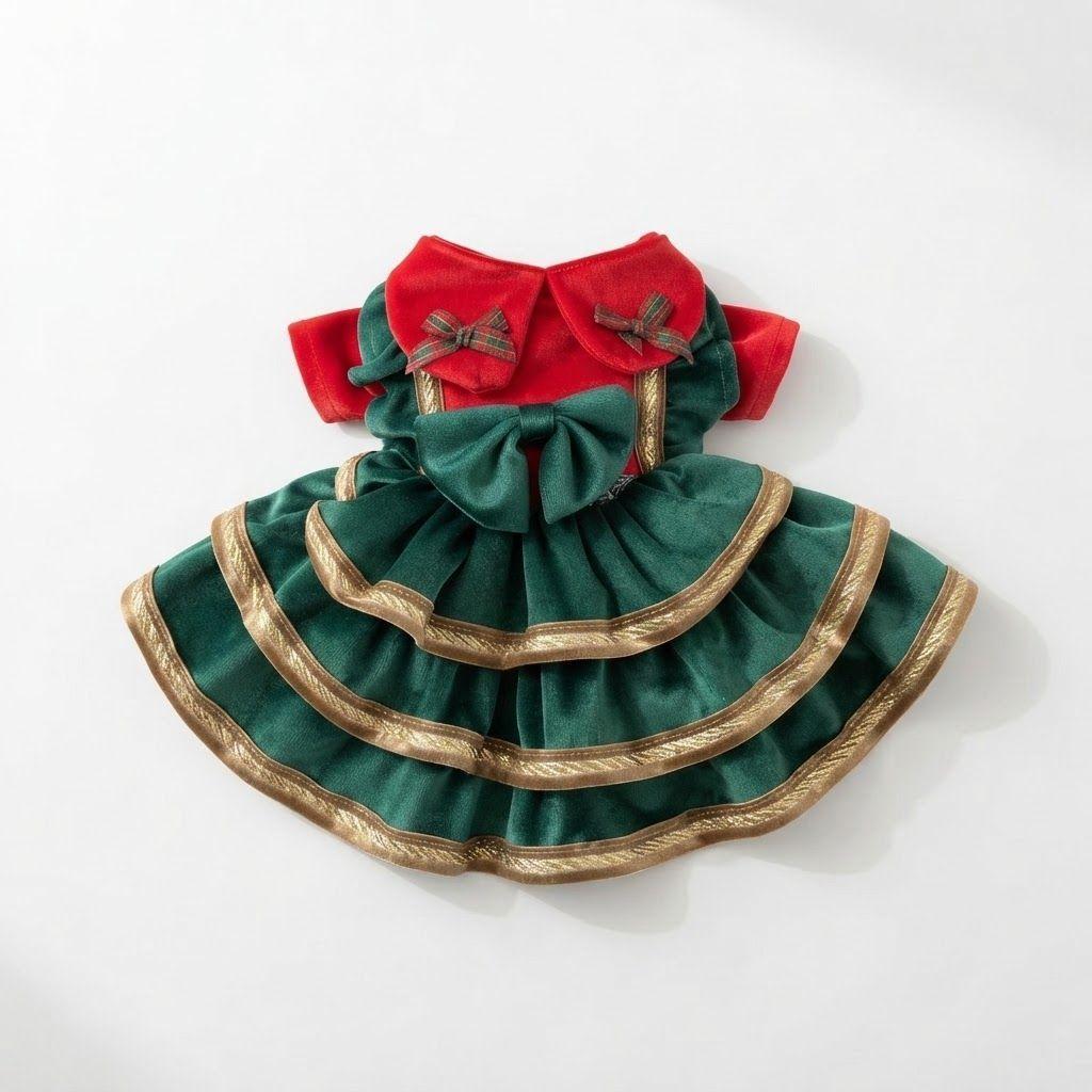 犬 服 犬服 猫 クリスマス ドレス ワンピース ツリー風 ベロア 3段フリル 画像4