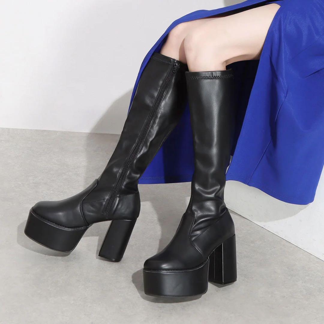 LOVE HUNTER スクエアトゥ厚底ストレッチロングブーツ