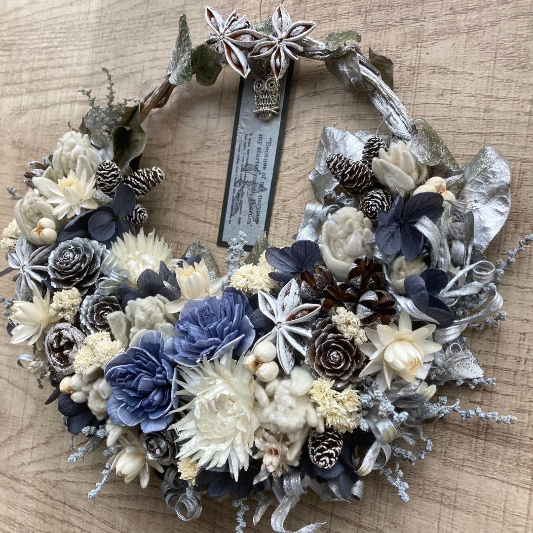 クリスマスリース＊ノーブルブルー＊シルバー ドライフラワー | 25cm 画像3