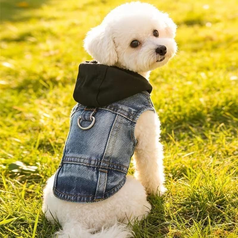 犬服 ペット服 ハーネス ベスト デニムベスト フード付き Dカン付き 黒 08