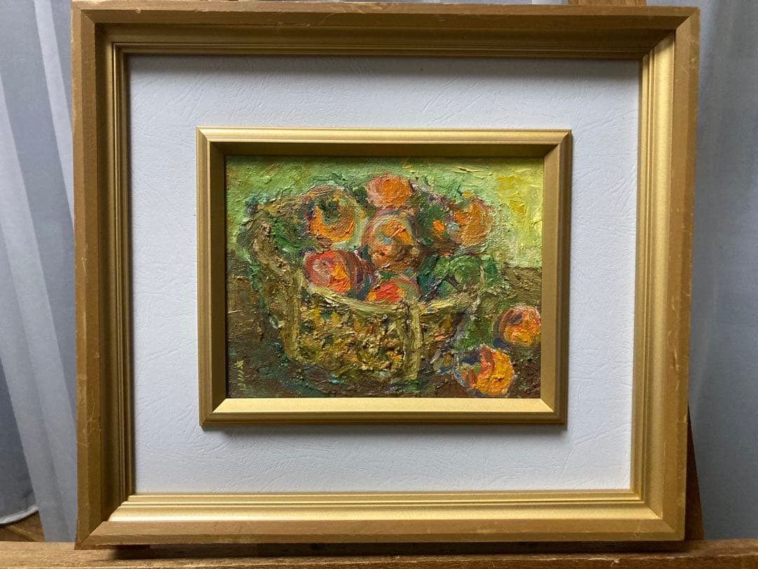 作者不詳「カゴの果実」油彩 静物画 F0号 肉筆 サイン有 額装 味わい深い絵 画像2
