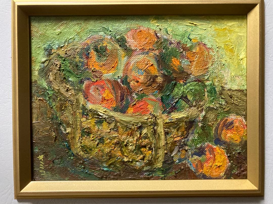 作者不詳「カゴの果実」油彩 静物画 F0号 肉筆 サイン有 額装 味わい深い絵 画像3
