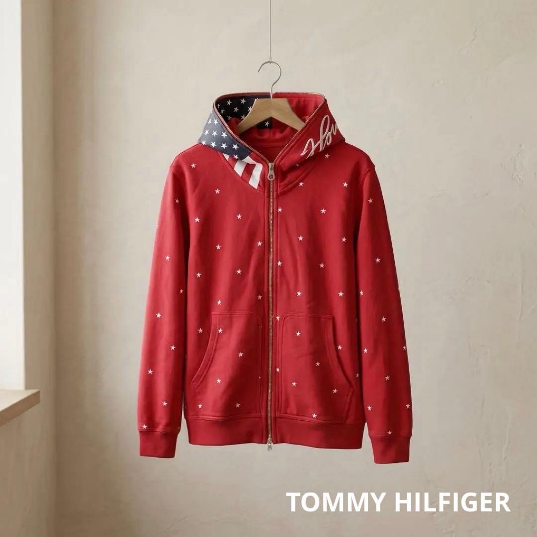 TOMMY トミー 星柄 フルジップパーカーレッド USAデザイン フード付 M
