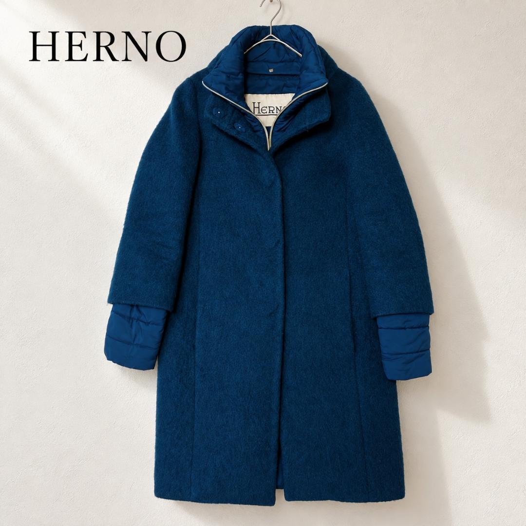 HERNO ヘルノ イタリア製 異素材 モヘア混ウールロングコート ネイビー44