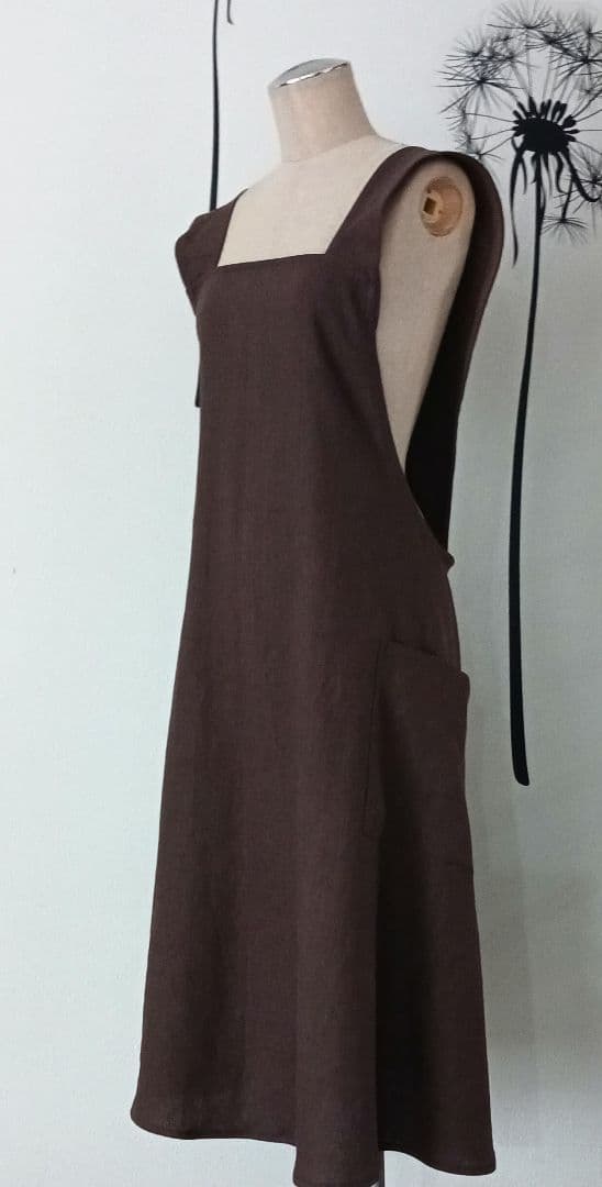 Linen 100 スクエア バッククロス 大人 エプロン Ｍ～ ブラウン 画像4