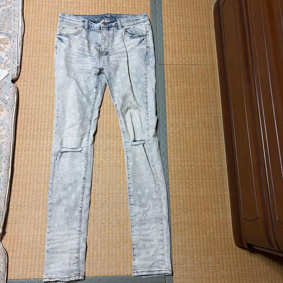 mnml ペイズリー柄 ダメージデニムパンツ