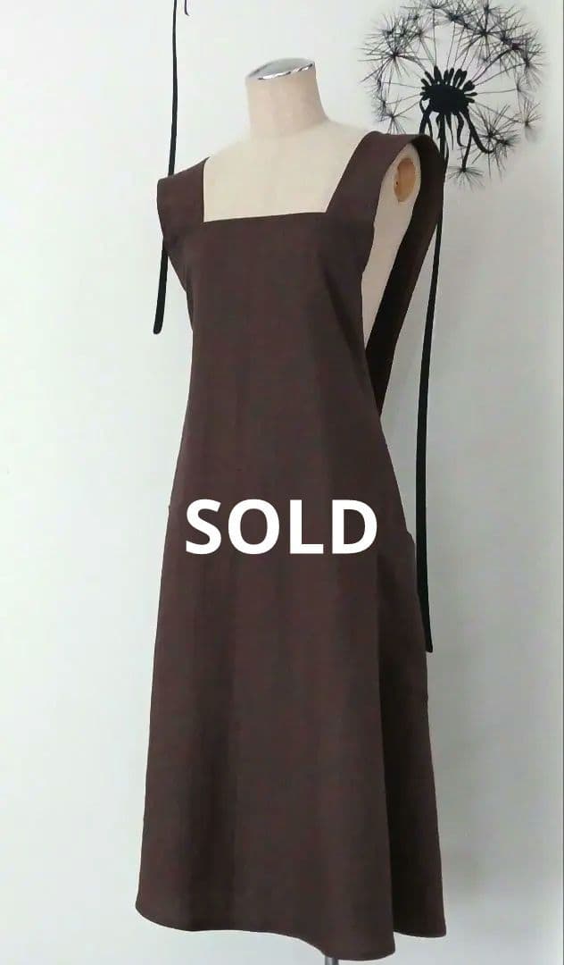 Linen 100 スクエア バッククロス 大人 エプロン Ｍ～ ブラウン