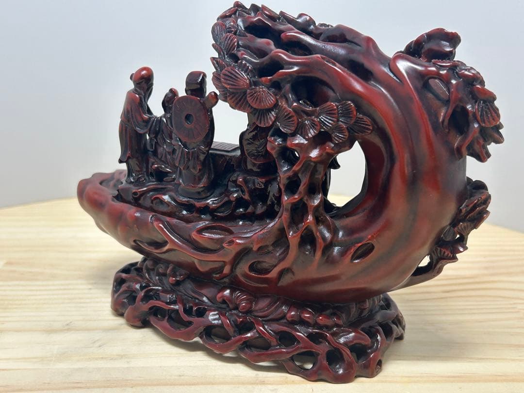 【中国美術】御祥 彫漆調 樹脂製 置物 宝船 仙人 堆朱風 朱漆 彫刻 縁起物 画像3