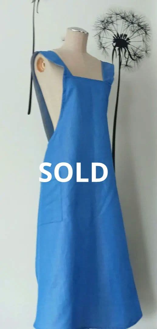 Linen 混デニム スクエア バッククロス 大人 エプロン Ｍ～ BLUE