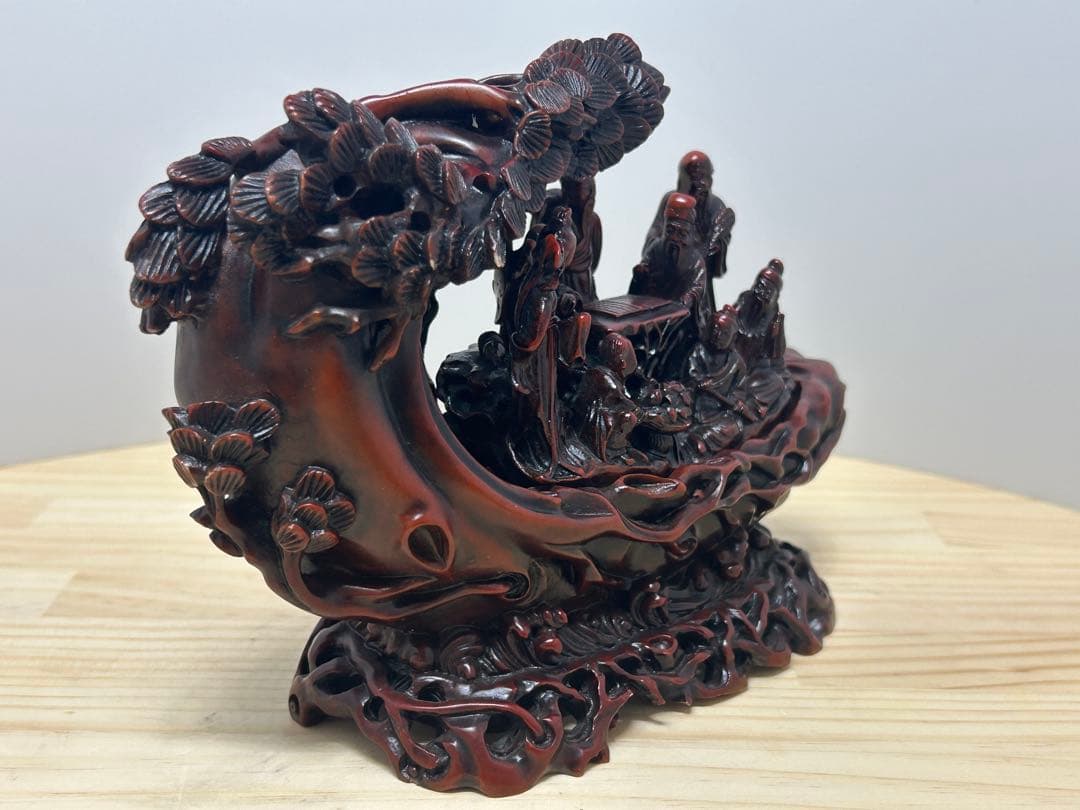 【中国美術】御祥 彫漆調 樹脂製 置物 宝船 仙人 堆朱風 朱漆 彫刻 縁起物 画像4