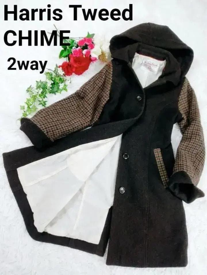【美品】Harris Tweed CHIME 2way ロングコート フード付き