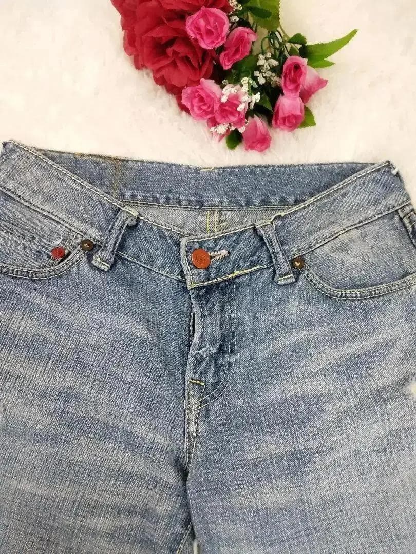 【45R】ダメージ加工 セミフレア デニムパンツ 日本製 革パッチ 画像3