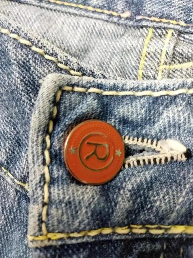 【45R】ダメージ加工 セミフレア デニムパンツ 日本製 革パッチ 画像4