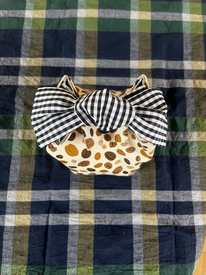 ハンドメイド♪おにぎりポーチ。。。コーヒー豆柄✖️ギンガム♪ 画像2