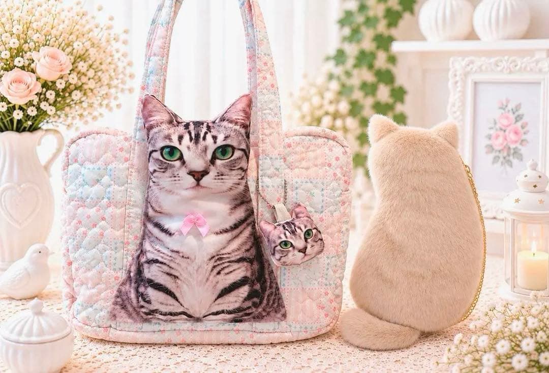 【本日23時まで販売】ボックス型猫バッグ 特製 サバ白猫トート&猫ポーチ付☆便利