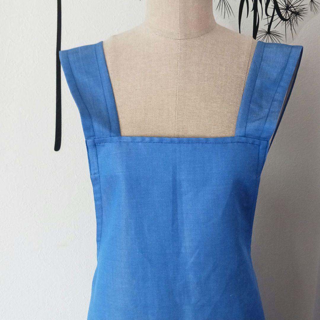 Linen 混デニム スクエア バッククロス 大人 エプロン Ｍ～ BLUE 画像3