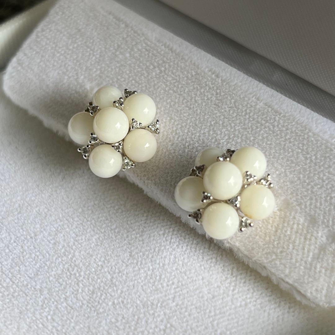 極美品✨ 白珊瑚 イヤリング ダイヤモンド WG K14 アクセサリー 画像4