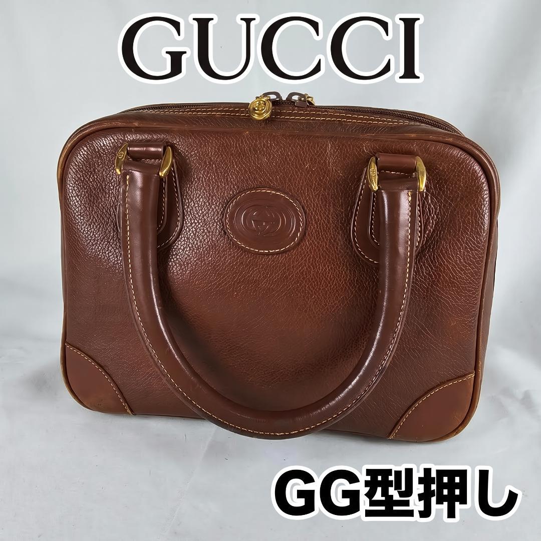 【希少】オールドグッチ GUCCI 本革 ミニボストン ハンドバッグ 茶 GG